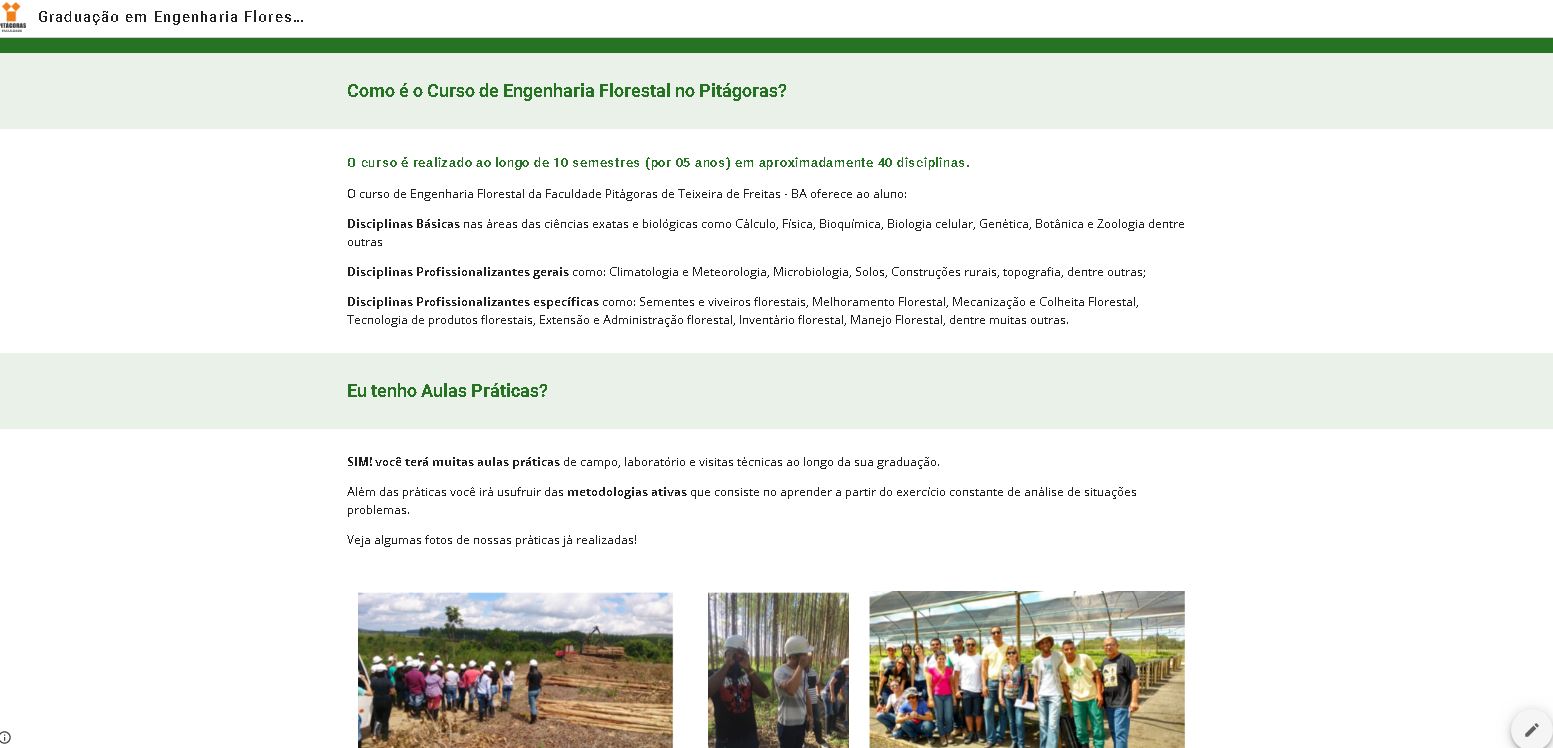 Landing Page da Graduação em Engenharia Florestal da Faculdade Pitágoras – BA (2019)